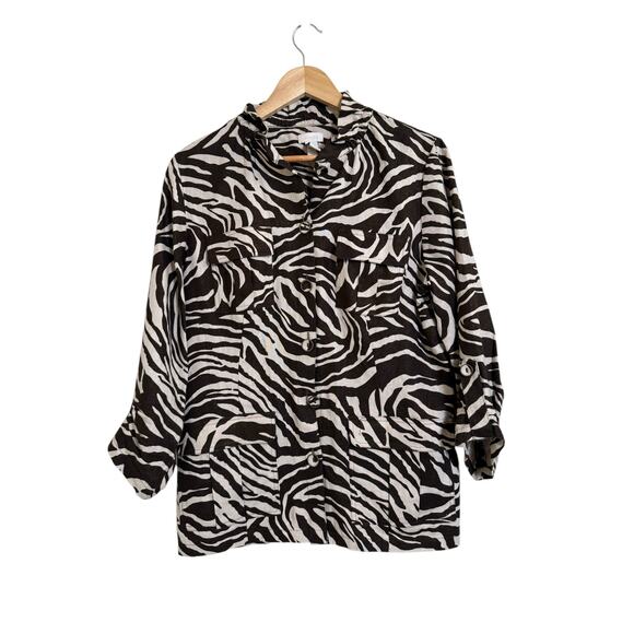 Chico's Women's Brown Shimmer Zebra Print Button Up Blouse Linen Blend 1 (M) - Picture 1 of 7